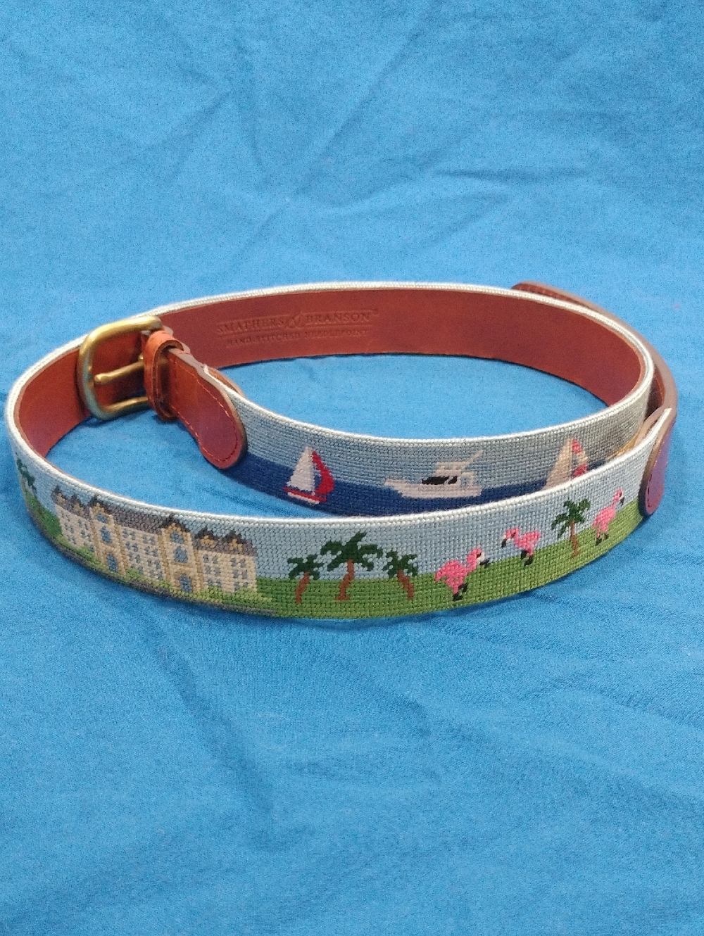 NWOT Smathers & Branson Needlepoint Coastal Scene Leather-Trim Men's Belt Sz 40